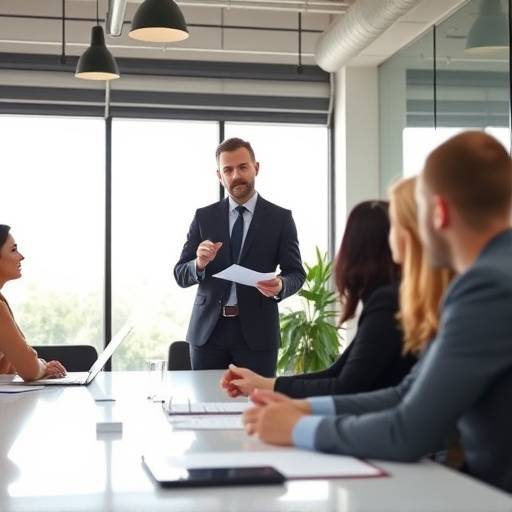 Un consulente che presenta una strategia aziendale a un team